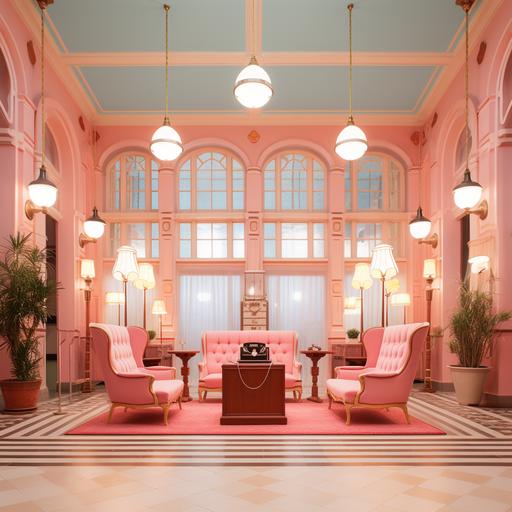 Imagine the hotel reception from the movie Grand Hotel Budapest by director Wes Anderson, an aesthetic hall of the Grand Hotel Budapest, telephone booth, old pink carpet, furniture in light blue tones, perfectly combined in pastel colors, wooden reception furniture wallnut color, an aesthetic hotel hall by director wes anderson, indoor plants, large hanging blade fans