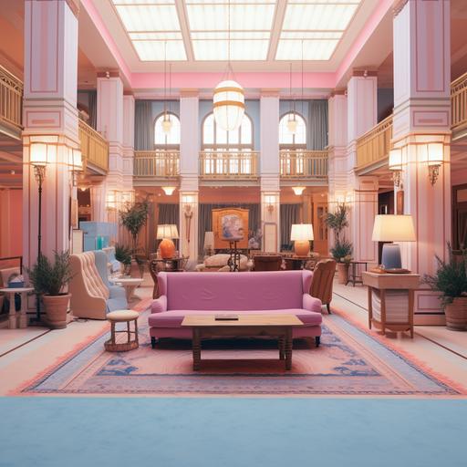Imagine the hotel reception from the movie Grand Hotel Budapest by director Wes Anderson, an aesthetic hall of the Grand Hotel Budapest, telephone booth, old pink carpet, furniture in light blue tones, perfectly combined in pastel colors, wooden reception furniture wallnut color, an aesthetic hotel hall by director wes anderson, indoor plants, large hanging blade fans