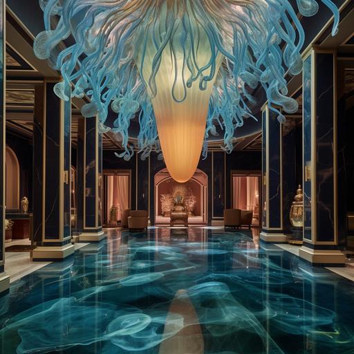 Imagine the space of a hall, inside a large jellyfish, a medusa aesthetic hall of the Gianni Versace brand, a hall inside a large jellyfish, all in the versace aesthetic