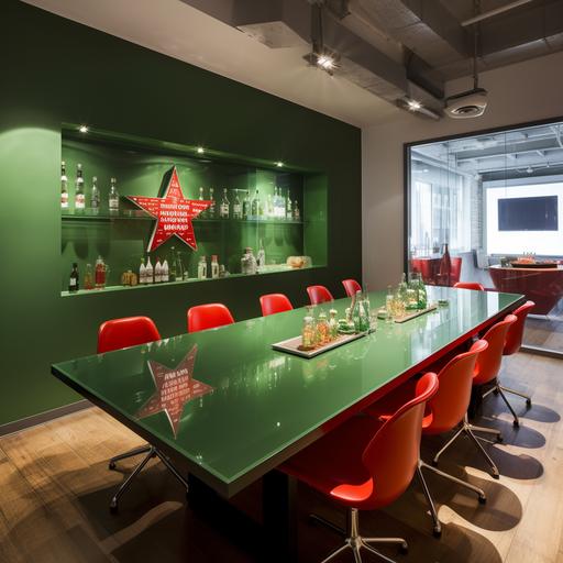 imagine a green meeting room, heineken style, wall with a flat red star, wall with green glass bottle bases, red meeting table for 12 people