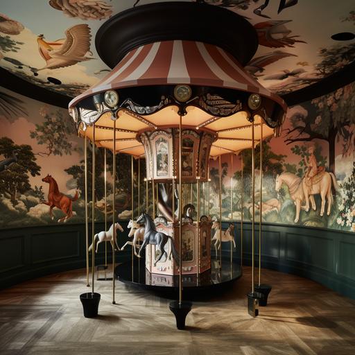 imagine imagine a carousel, in a salon styled by the English brand House of Hackney, a carousel with animal figures with skin wallpaper aesthetic house of hackney, a carousel inside an aesthetic salon of the English brand house of hackney, a carousel with animal figures with paper skin mural with house oh hackney design