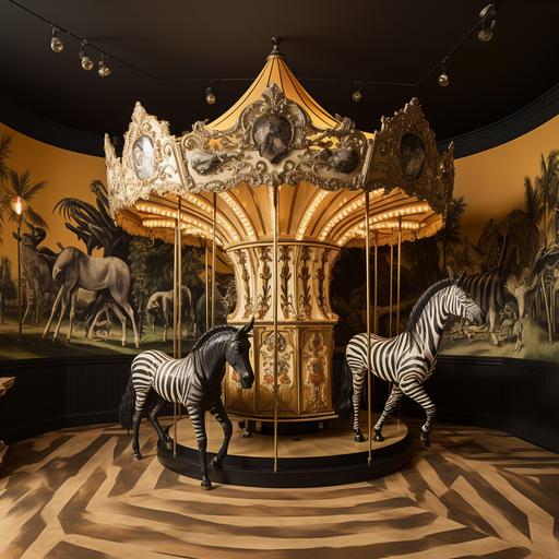 imagine imagine a carousel, in a salon styled by the English brand House of Hackney, a carousel with animal figures with skin wallpaper aesthetic house of hackney, a carousel inside an aesthetic salon of the English brand house of hackney, a carousel with animal figures with paper skin mural with house oh hackney design