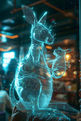 Gritty realistic art style, proud humanoid wireframe hologram kangaroo mom watching her joey play in her pouch, wielding a pacifier, cute lighting, heavily populated indoor environment, nursery in the background --ar 2:3 --v 6.0