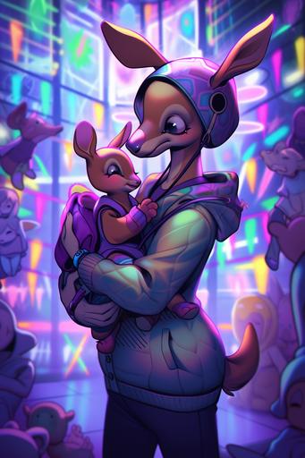 Gritty realistic art style, proud humanoid wireframe hologram kangaroo mom watching her joey play in her pouch, wielding a pacifier, cute lighting, heavily populated indoor environment, nursery in the background --ar 2:3 --niji 5