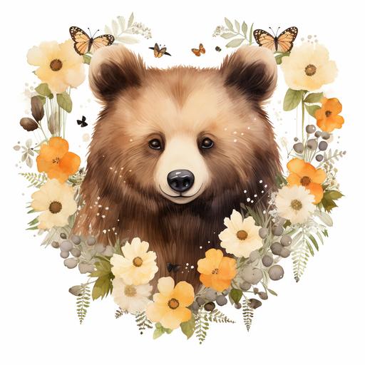 Grizzly Bear Watercolor Clipart Cute Bear Spring Daisy Flowers & Hearts PNG Commercial Use Mountain Bear Graphic Design Illustration Print
