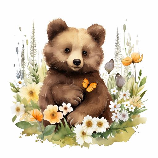 Grizzly Bear Watercolor Clipart Cute Bear Spring Daisy Flowers & Hearts PNG Commercial Use Mountain Bear Graphic Design Illustration Print
