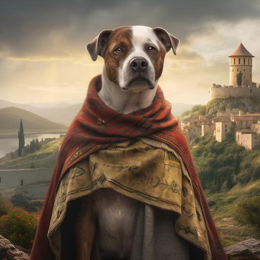 dog wearing a poncho, medieval setting, high definition