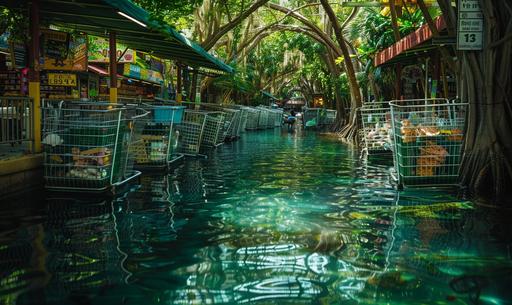 Grocery store shopping aisle in a mangrove, shopping carts are little boats --ar 5:3 --style raw --v 6.0