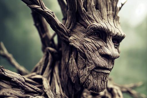Groot, man face, old man, bark-like skin, branch-like hair, Fine details, Fantasy --ar 3:2 --testp --upbeta