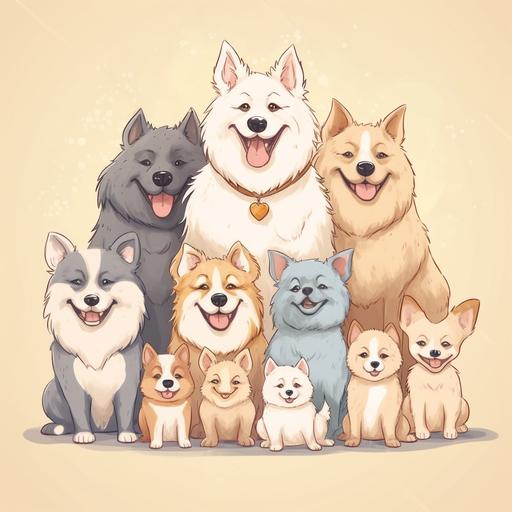 Group of the cute happy Dogs various sizes & breeds, cartoon pomeranian, labrador, husky, 8 dogs max, pastel background no text