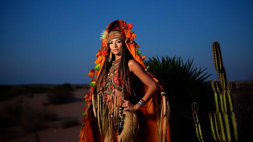 Guajira Queen with a beautiful face, in the background we see the Guajira coast with abundant and large cacti, it is a Wayuú woman, Cactus, rancheria, logos of the Wayuú ethnic groups, Full Shot --ar 16:9