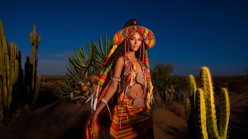Guajira Queen with a beautiful face, in the background we see the Guajira coast with abundant and large cacti, it is a Wayuú woman, Cactus, rancheria, logos of the Wayuú ethnic groups, Full Shot --ar 16:9