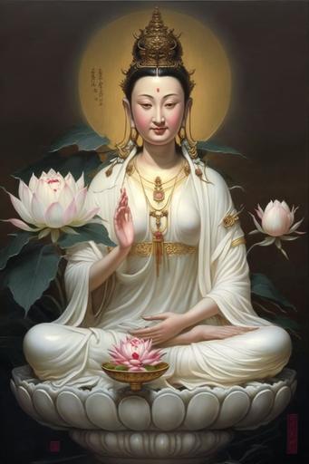 Guanyin Bodhisattva is wearing white clothes, sitting cross-legged, holding a white jade vase with willow branches and pink lotus flowers, beautiful face, perfect, high definition, bright background, Buddha light --ar 2:3