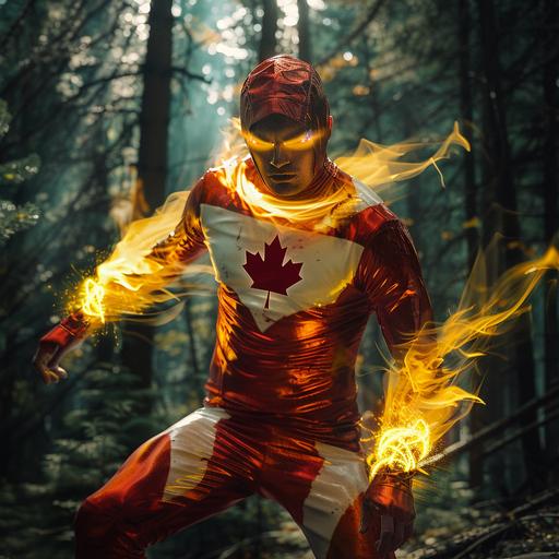 Guardian from Marvel Comics in a live action film (2024), hyperrealism, special effects, a Caucasian actor in traditional red and white clothing with the Canadian flag as a symbol, yellow energy around his body, super-human pose and expression hero, Canadian forest in the background, 100m, 4k, action scene, superhero atmosphere, cinema light, cinematography, insane details, panoramic shot, shadows, super resolution, volumetric --v 6.0