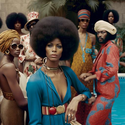 Gucci style pool party 70s Afros ultra wide photography