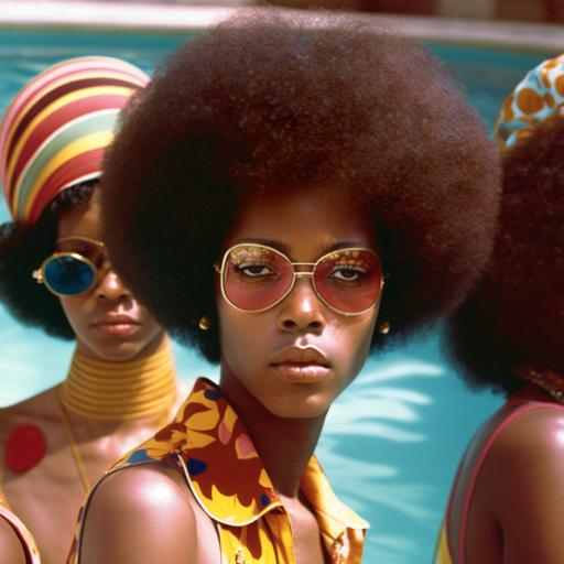Gucci style pool party 70s Afros ultra wide photography
