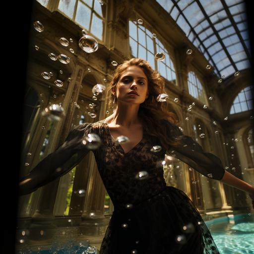 Gucci wet female model swimming underwater inside a stately house filled with water, Gucci wet man in background, wet hair, water bubbles, no sunglasses, fashion clothing, high-end fashion photography, sinuous lines, 8k resolution, vogue Magazine (Style of photographer), canon 5d, cinematic lighting effects, realistic faces, natural light, wide view, virtual engine 5, real rendering, high definition 2, cinematic --style raw --s 250