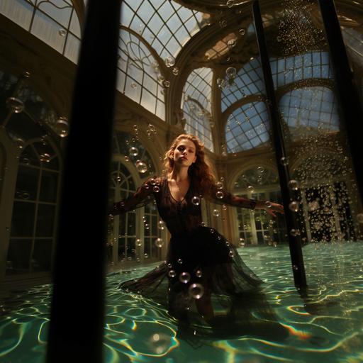Gucci wet female model swimming underwater inside a stately house filled with water, Gucci wet man in background, wet hair, water bubbles, no sunglasses, fashion clothing, high-end fashion photography, sinuous lines, 8k resolution, vogue Magazine (Style of photographer), canon 5d, cinematic lighting effects, realistic faces, natural light, wide view, virtual engine 5, real rendering, high definition 2, cinematic --style raw --s 250