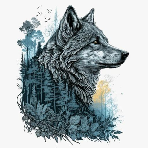 Very detailed vector art for wolf shirt print with white background 8k