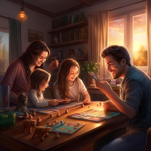 a happy family playing board games at living room, high quality, realistic. --s 750