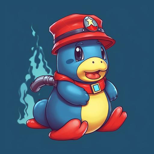 a blue platypus wearing a fireman's hat with a red hose for a tail, in anime style, 4K