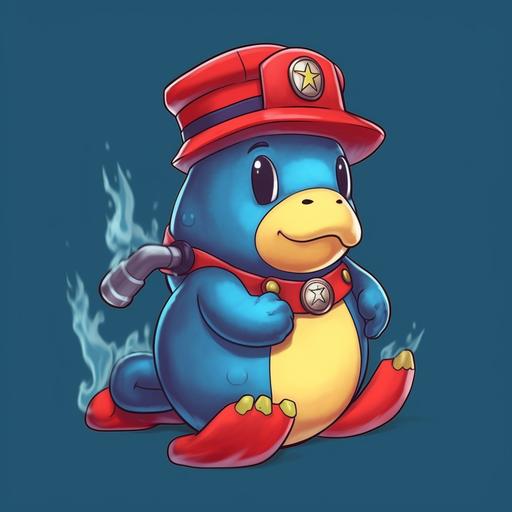 a blue platypus wearing a fireman's hat with a red hose for a tail, in anime style, 4K