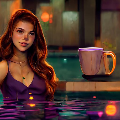 full body shot daphne blake winking beautiful stunning drinking coffee by a pool, ultra detailed, heperrealistic, hd, high quality, realistic, cinematic, 4k