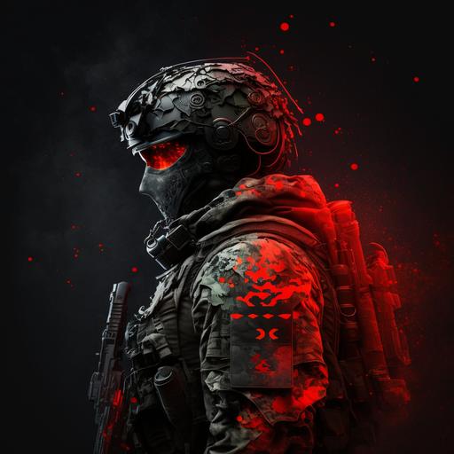 Guy in a military uniform camo black red UHD with weapon on his shoulder
