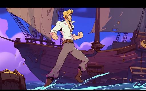 Guybrush Threephwood in the The Curse of Monkey Island game standing on his schooner making his way towards Monkey Island while fighting the evil pirate Le Chuck --ar 16:10 --niji