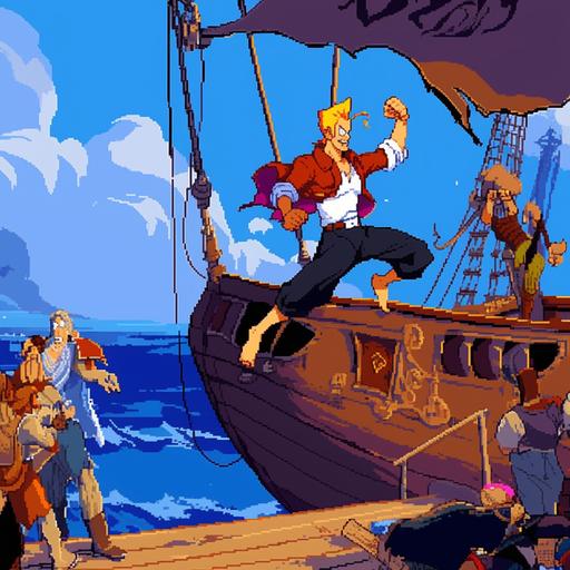 Guybrush Threephwood in the The Curse of Monkey Island game standing on his schooner making his way towards Monkey Island while fighting the evil pirate Le Chuck-ar 16:10 --niji