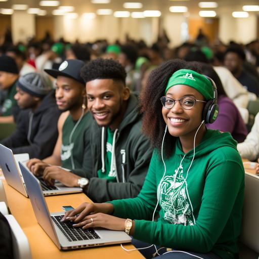 HBCU students in study hall, using Sprite green laptops