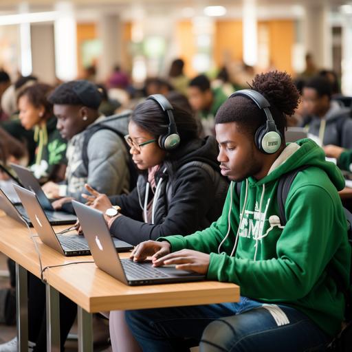 HBCU students in study hall, using Sprite green laptops