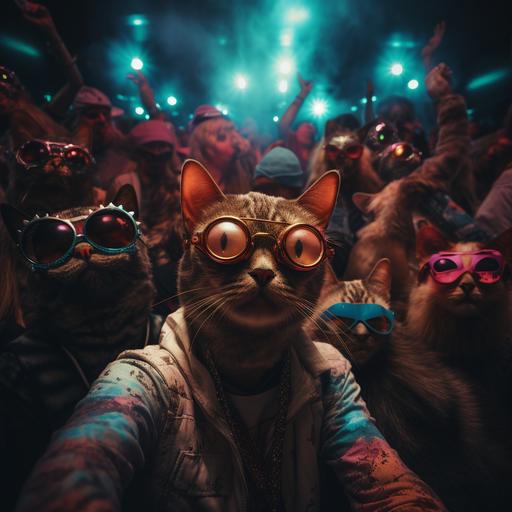 HD photo, party inside of a cinema, dj full a human body, Siamese cat head, crowed of cats, rave party