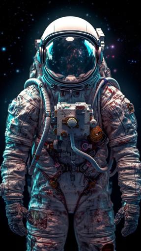 HDR-rendered full body portrait of an astronaut standing amidst a sprawling galaxy, donning contemporary designer attire instead of the traditional spacesuit. The astronaut's outfit, a fusion of high fashion and futurism, is tailored to perfection, with sharp silhouettes, intricate detailing, and a palette that complements the surrounding cosmic hues. As stardust swirls around, the deep blues, purples, and shimmering stars of the galaxy provide a contrasting backdrop to the sleek and stylish attire. Strong, directional lighting casts dynamic shadows, emphasizing the contours of the clothing and the astronaut's commanding presence, all while highlighting the rich textures and fabrics. The juxtaposition of the vastness of space with the world of haute couture creates a compelling visual narrative of old meets new. --v 5.0 --ar 9:16