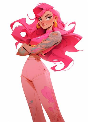 Full body pin up illustration of Jem from Jem and The Holograms, totally radical 1980s flamingo inspired new wave punk fashion, pink mod hairdo with shaved side, tatoos and piercings and leather and spikes, pop punk rock star 🤩⭐️🌟, whiplash curves, Dynamic pose, on the cover of a 1990s Japanese Super Famicom poster by Hajime Sorayama and Gil Elvgren and Tim Biskup, cartoon style, miami beach background --style expressive --ar 8:11 --upanime --niji 5 --s 1000 --q 2 --chaos 15 --q 2 --v 5.1 --s 250 --q 2 --v 5.1 --s 250