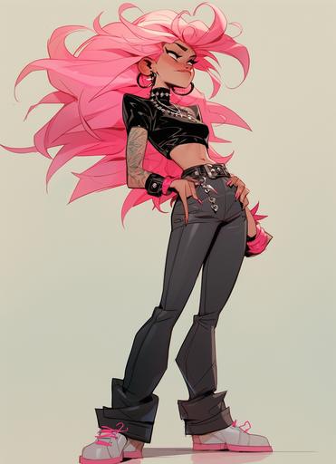 Full body pin up illustration of Jem from Jem and The Holograms, totally radical 1980s flamingo inspired new wave punk fashion, pink mod hairdo with shaved side, tatoos and piercings and leather and spikes, pop punk rock star 🤩⭐️🌟, whiplash curves, Dynamic pose, on the cover of a 1990s Japanese Super Famicom poster by Hajime Sorayama and Gil Elvgren and Tim Biskup, cartoon style, miami beach background --style expressive --ar 8:11 --upanime --niji 5 --s 1000 --q 2 --chaos 15 --q 2 --v 5.1 --s 250 --q 2 --v 5.1 --s 250