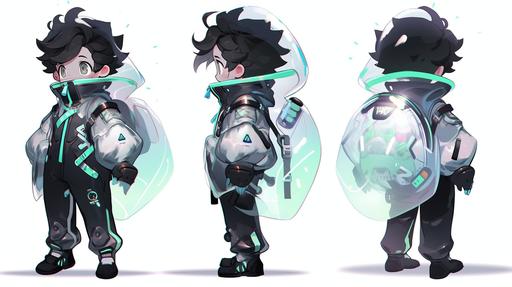 Trans-Neptunian,The boy wrapped in transparent plastic, shiny translucent sports fashion clothing, wearing shiny shoes, transparent materials, Cyberpunk,chibi, the best lighting, three views of the young boy's character,OC rendering, super details, front side side back three views --ar 16:9 --q 2 --niji 5 --niji 5