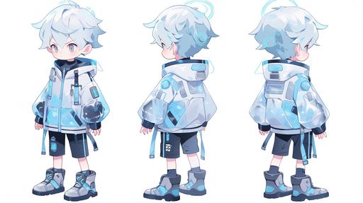 Trans-Neptunian,The boy wrapped in transparent plastic, shiny translucent sports fashion clothing, wearing shiny shoes, transparent materials, Cyberpunk,chibi, the best lighting, three views of the boy's character,OC rendering, super details, front side side back three views --ar 16:9 --q 2 --niji 5