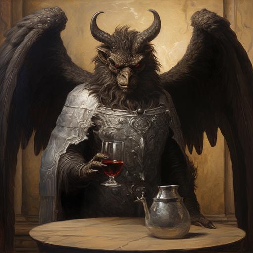 Haagenti, a demon appearing as an eagle-winged bull, who can transmute any metal into gold, water into wine, and wine into water. Calculating mood. Renaissance oils.