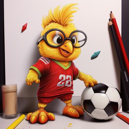 Hacer un dibujo realistico de chicken little con un conjunto de color rojo y amarillo de fútbol profesional