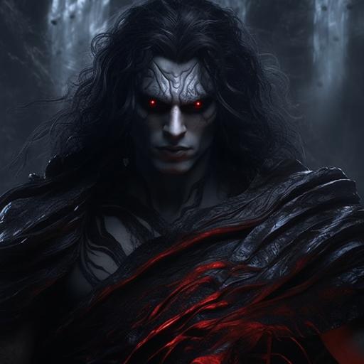 Hades, god of the underworld, medium length black draping hair, glowing red eyes, pale skin, gaunt face, solemn and tired expression, portrait, unreal engine, photo realistic --s 750 --v 5.1
