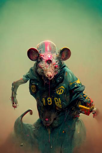 Rat gang MC member 1970s Monster Guide, concept character, clean mouse anatomy, metahuman unreal engine, a sense of decay, gang member, face and neck, district 9 biomech cinematic, tokyo neon, hyper realistic, darkly ornate, octane render, by peter mohrbacher, Tomer Hanuka accurate rat face, Simon Stalenhag, Beeplee, roger dean, a mugshot, dark emptiness vast future metropolis mood, view from CRT monitor display --ar 2:3