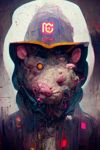 Rat gang MC member 1970s Monster Guide, concept character, clean mouse anatomy, metahuman unreal engine, a sense of decay, gang member, face and neck, district 9 biomech cinematic, tokyo neon, hyper realistic, darkly ornate, octane render, by peter mohrbacher, Tomer Hanuka accurate rat face, Simon Stalenhag, Beeplee, roger dean, a mugshot, dark emptiness vast future metropolis mood, view from CRT monitor display --ar 2:3