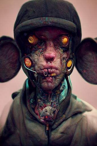 Rat gang MC member concept character, clean mouse anatomy, metahuman unreal engine, a sense of decay, gang member, face and neck, district 9 biomech cinematic, tokyo neon, hyper realistic, darkly ornate, octane render, by peter mohrbacher, Tomer Hanuka accurate rat face, Simon Stalenhag, Beeplee, roger dean, a mugshot, dark emptiness vast future metropolis mood --ar 2:3