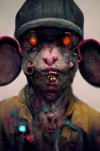 Rat gang MC member concept character, clean mouse anatomy, metahuman unreal engine, a sense of decay, gang member, face and neck, district 9 biomech cinematic, tokyo neon, hyper realistic, darkly ornate, octane render, by peter mohrbacher, Tomer Hanuka accurate rat face, Simon Stalenhag, Beeplee, roger dean, a mugshot, dark emptiness vast future metropolis mood --ar 2:3