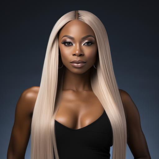 Hair extensions photoshoot with black woman, platinum blonde straight hair extensions, middle part, big lips, black satin v-neck tank top, highly detailed, solid neutral color background, real skin texture, realistic photo, dark chocolate skin, full photo
