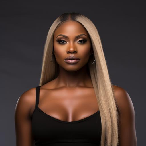 Hair extensions photoshoot with black woman, platinum blonde straight hair extensions, middle part, big lips, black satin v-neck tank top, highly detailed, solid neutral color background, real skin texture, realistic photo, dark chocolate skin, full photo