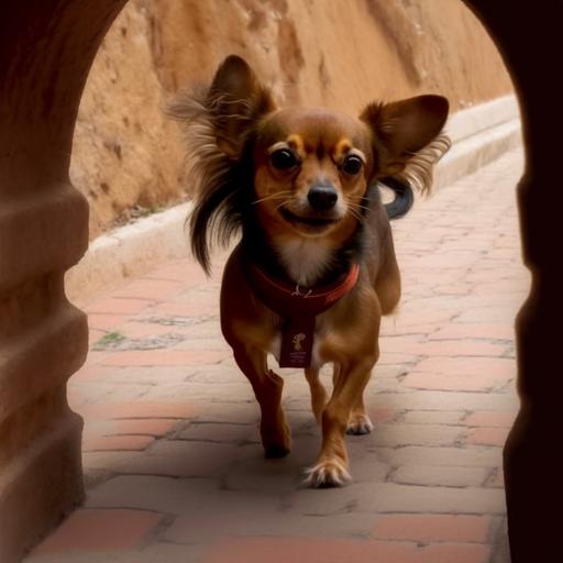 Hairy Brown Chihuahua lost inside the wide tunnels beneath The Great Wall of China