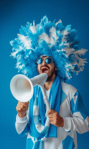 Half body shot of a soccer fan dressed in funny blue and white clothes and having an oversized puffy hat and a vuvuzela. He is ready to go on the stadium. Cheerful, shot with Hasselblad, studio background --v 6.0 --ar 3:5 --style raw