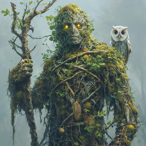 Half human, half treefolk- fully body - yellow eyes, powerful mage, covered in moss, wielding a staff, looking wise and kind , dnd druid with a ghostly owl--ar 16:9 --s 250 --v 6.0 --no beard